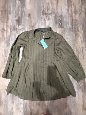 Olive Green Button-Front Peplum Tunic - Women